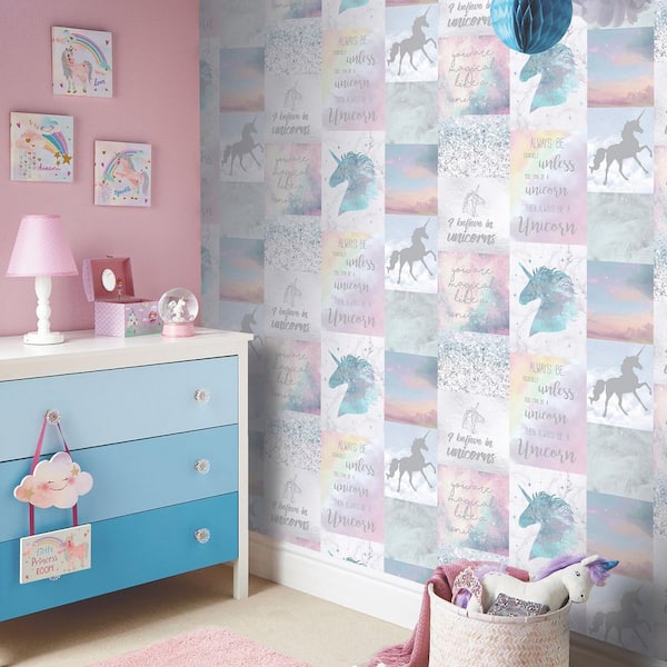 Amalthea Pastel White Unicorn Wallpaper Sample