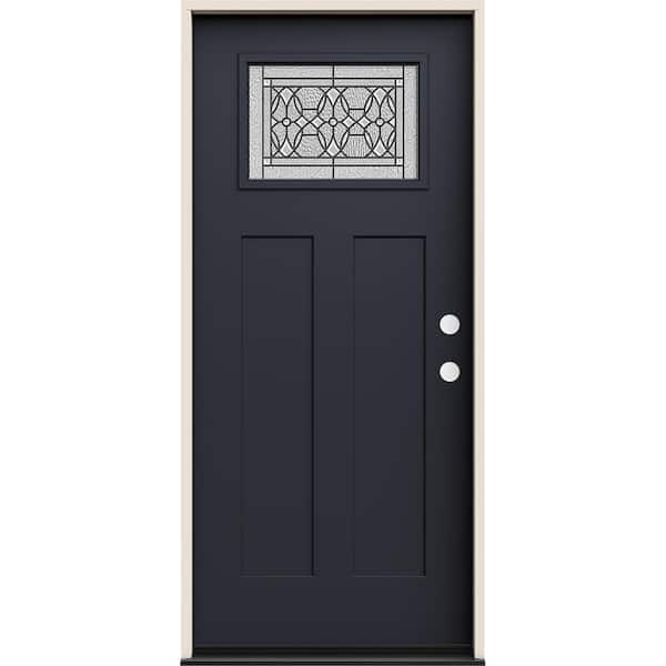 JELD-WEN 36 in. x 80 in. Left-Hand 1/4 Lite Craftsman Selwyn Decorative Glass Black Fiberglass Prehung Front Door