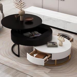 31.5 in. Black Round Modern MDF Nesting Coffee Table with Drawers for Living Room