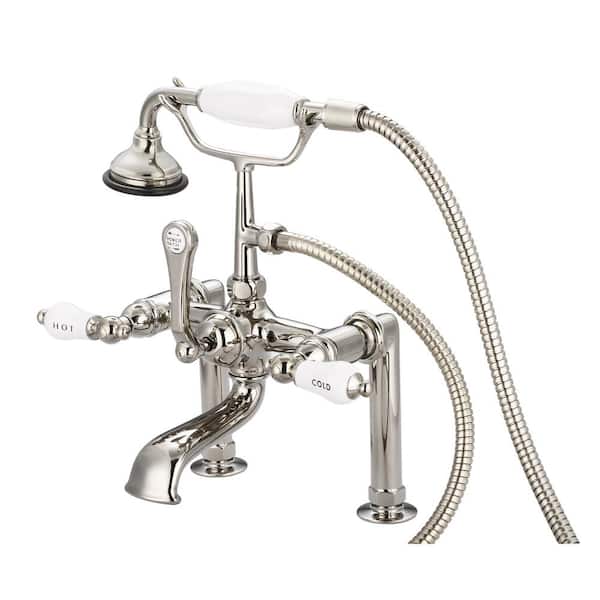 3-Handle Claw Foot Tub Faucet with Labeled Porcelain Lever Handles and Handshower in Polished Nickel PVD