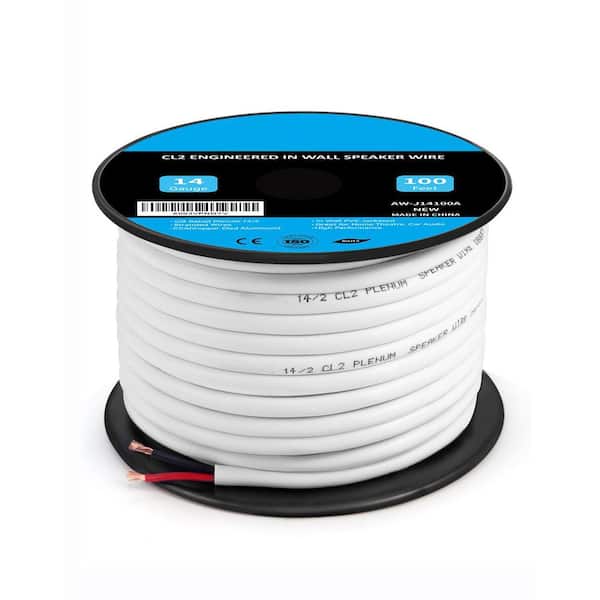 14-Gauge Speaker Wire 100 ft. 14 / 2 AWG White Stranded CCA In-Wall CL2 Rated Speaker Wire Cut by Foot