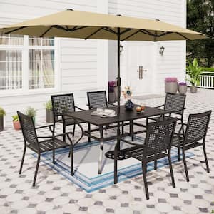 8-Piece Metal Patio Outdoor Dining Set with Beige Umbrella