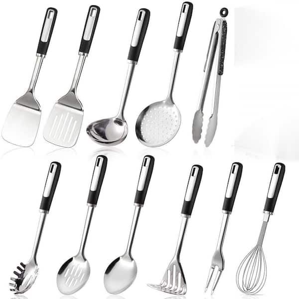 Stainless Steel Silver Finish Cooking Utensils Set 11-Piece Kitchen Tools with Spatula Spoon Ladle Whisk Tongs