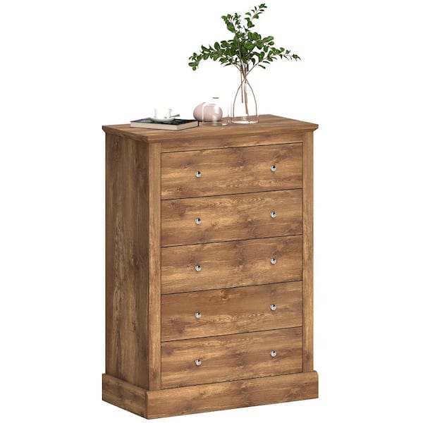 Brown 5 Drawer 31.1 in. Dresser with Distressed Wood Finish