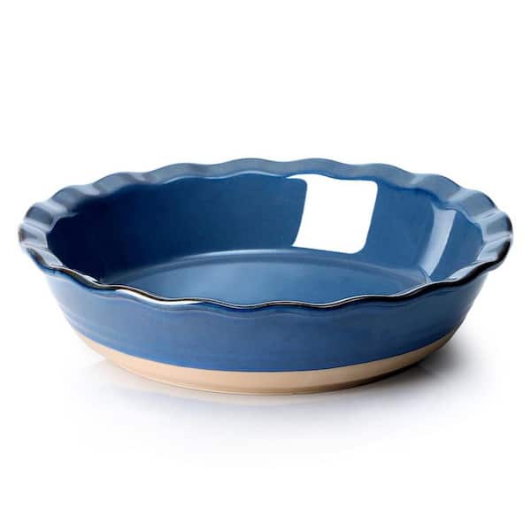 1-Piece Round Ceramic Porcelain Deep Baking Dish Set Oven Safe Blue Wavy Edge Pie Pan with Heat Retention