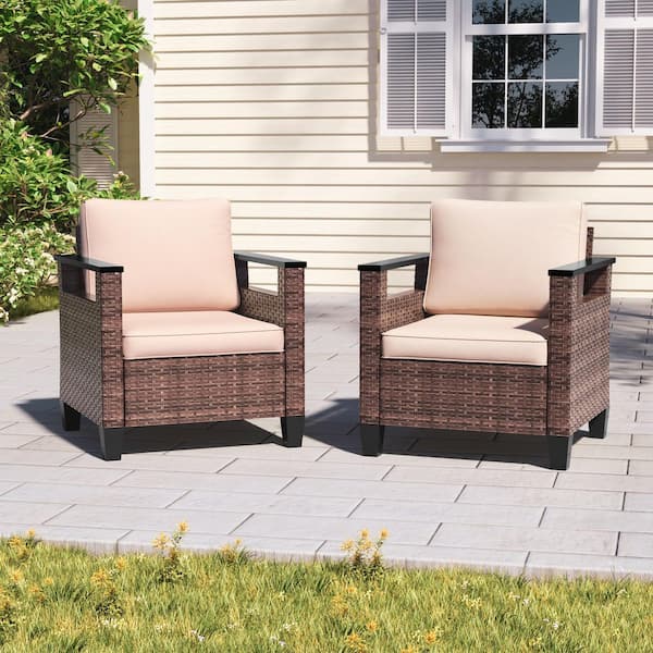 JOYESERY 2-Piece Brown PE Wicker Patio Conversation Set with Thick Sand Cushions, All Weather Furniture Set