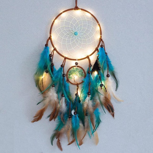 Blue 12 in. x 22 in. Handmade LED Dream Catcher with Feathers
