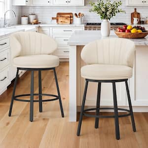 26 in. Beige Linen Fabric Modern Low Back Swivel Bar Stool Metal Frame Upholstered Counter Height Barstools (Set of 2)