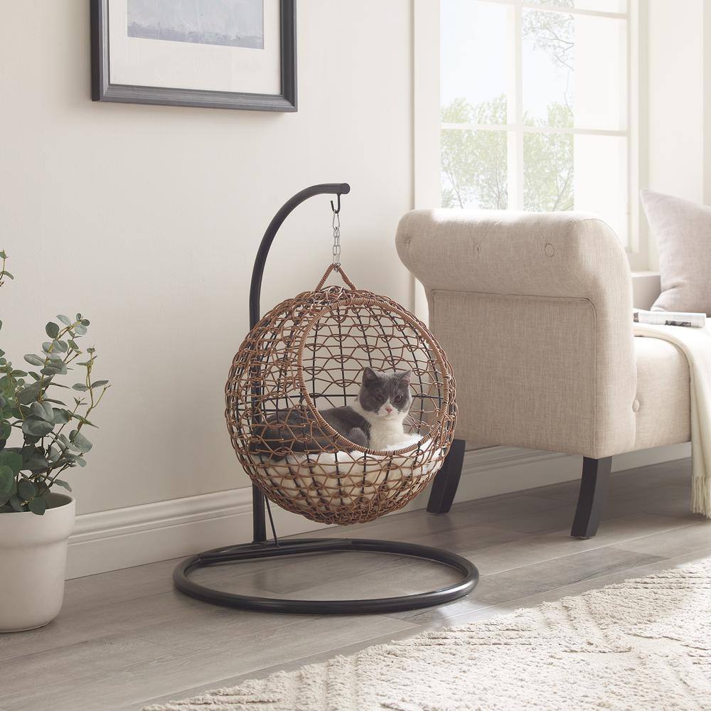Medium Brown Rattan Hanging Egg Cat Condo with Cotton Cushion