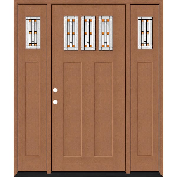 Steves & Sons Regency 68 in. x 80 in. 3Lite Amberton Deco Glass RHIS AutumnWheat Stain Fir Fiberglass Prehung Front Door w/Dbl 14in.SL