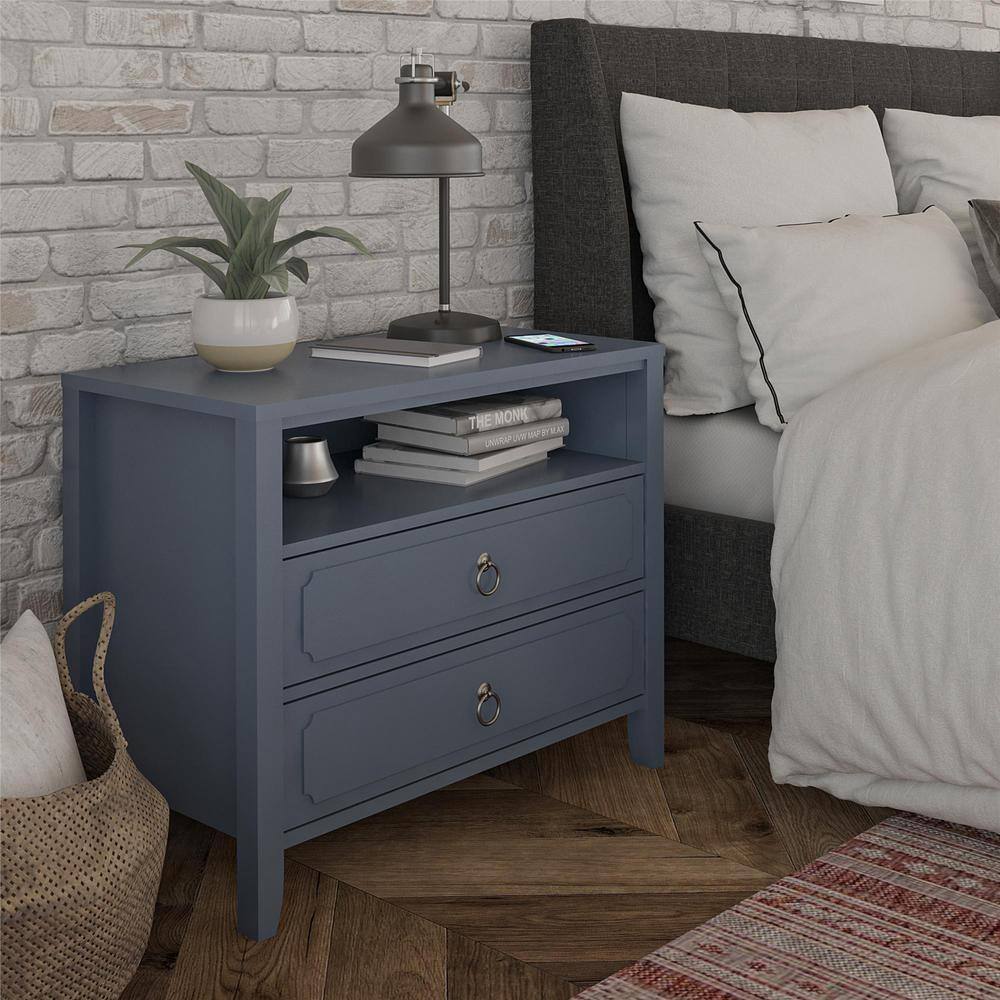 Blue 2-Drawer Nightstand with Open Cubby and Wood Legs
