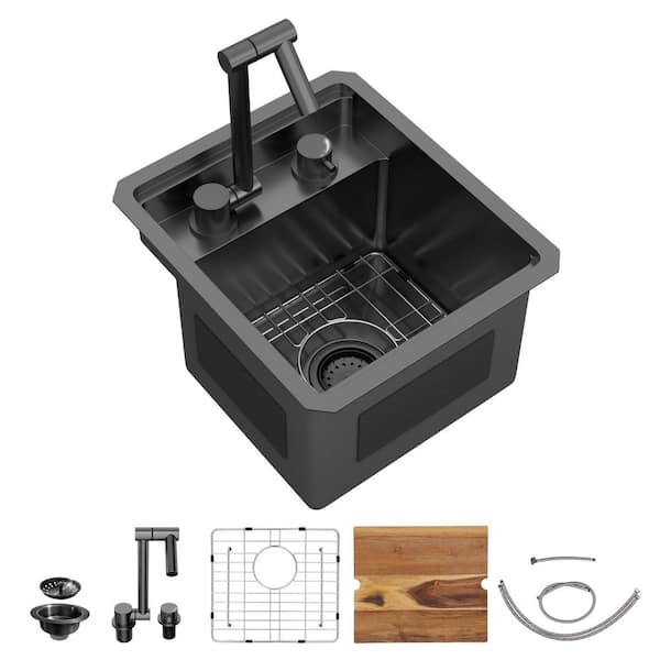 13 in. Undermount Gunmetal Black Small RV Kitchen Sink, Stainless Steel Single Bowl Wet Bar Sink With Foldable Faucet
