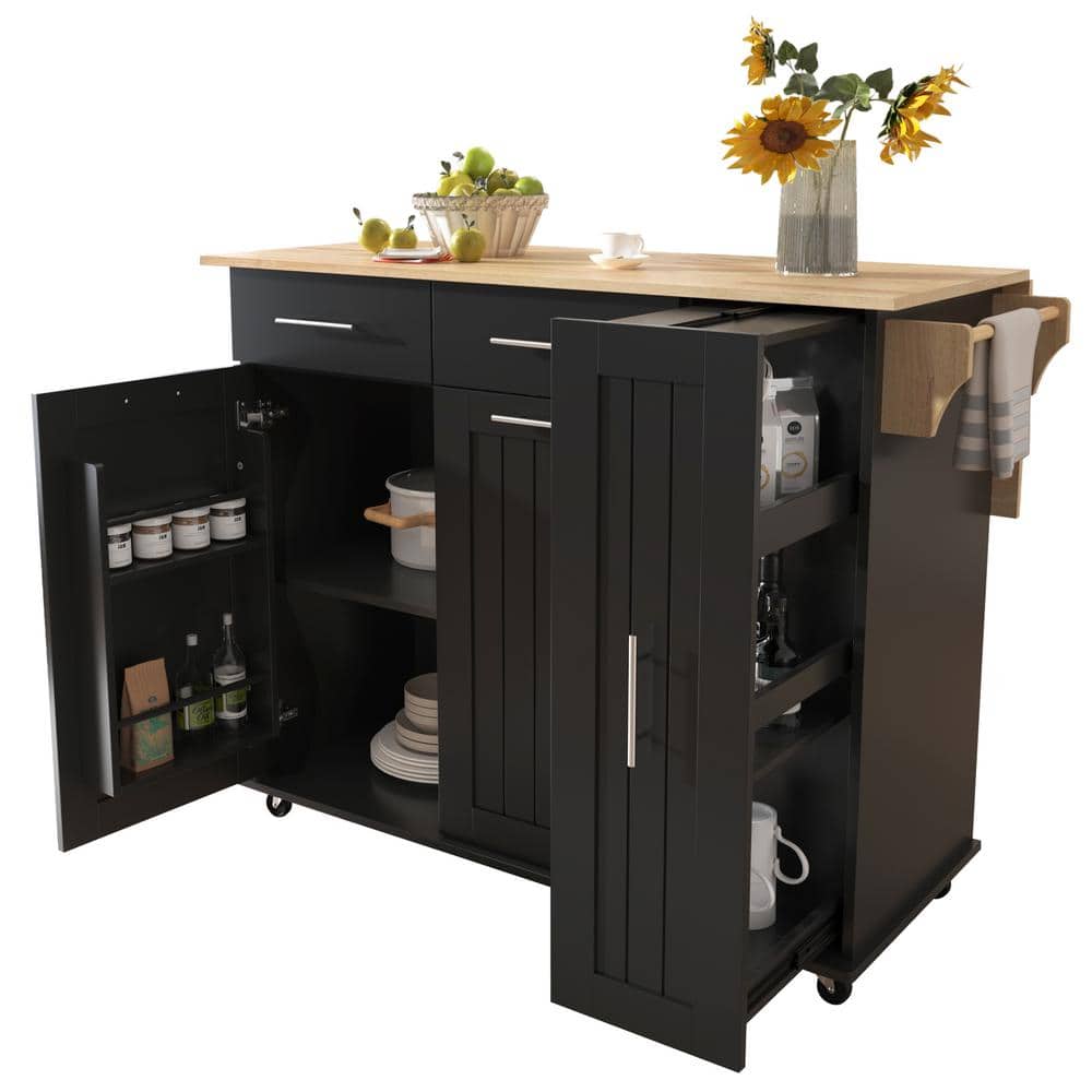 Black Rubber Wood Top 46 in. Kitchen Island with 3 Tier Pull Out Cabinet Or