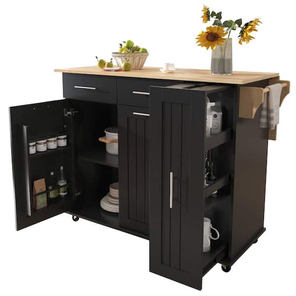ARTCHIRLY Black Rubber Wood Top 46 in. Kitchen Island with 3 Tier Pull Out Cabinet Organizer, Drop Leaf and Internal Storage Rack