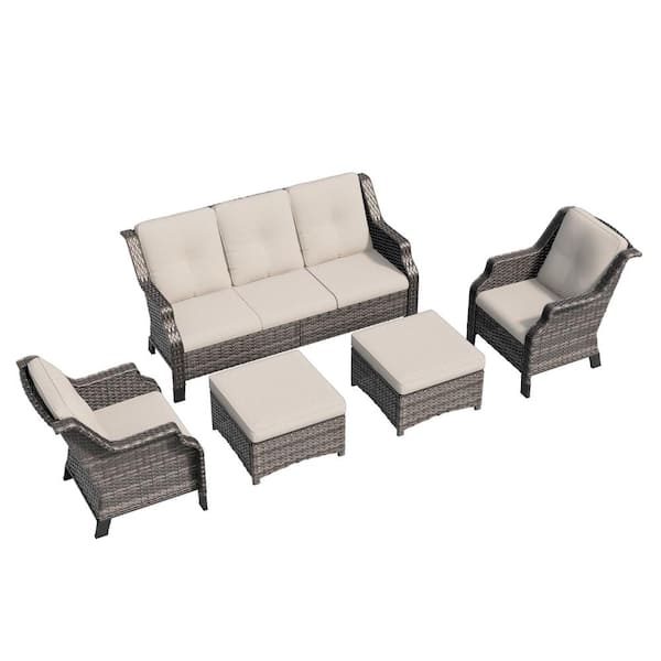5-Piece Wicker Outdoor Patio Sofa Conversation Set Sectional Seating with Beige Cushions and Ottomans