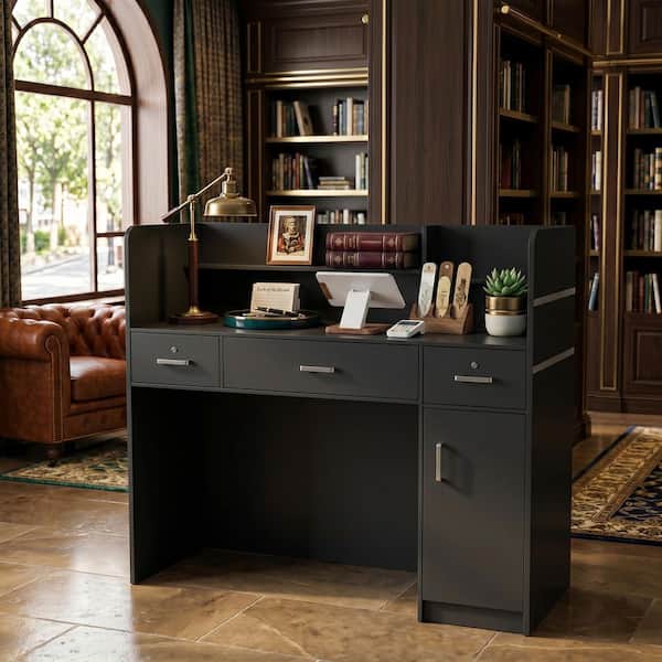 47.2 in. Rectangle Black Wood Writing Desk Reception Desk Executive Computer Workstation W/Lockable Drawers, Cabinet
