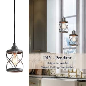 Modern Farmhouse Gray Mini Pendant Light with Dark Pewter Geometric Drum Metal Wire Cage, 1-Light Rustic Fixture for DIY