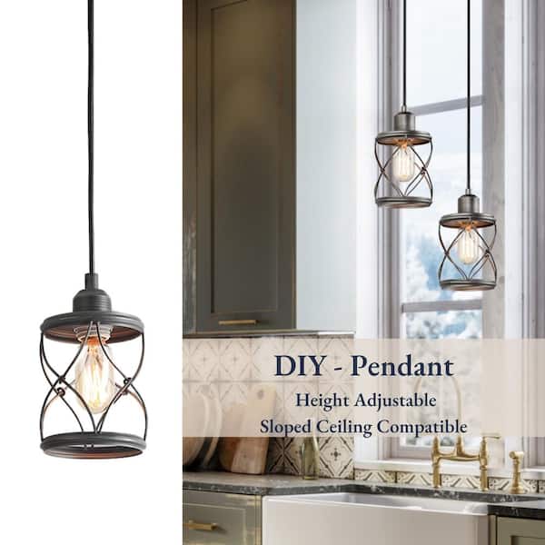 LNC Modern Farmhouse Gray Mini Pendant Light with Dark Pewter Geometric Drum Metal Wire Cage, 1-Light Rustic Fixture for DIY