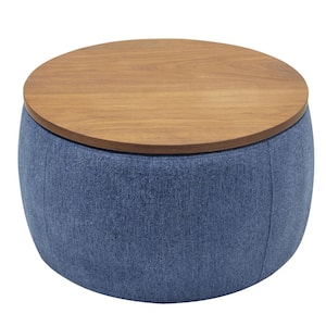 25.5 in. Navy Round MDF End Table, 2 in 1 Function with Storage Ottoman