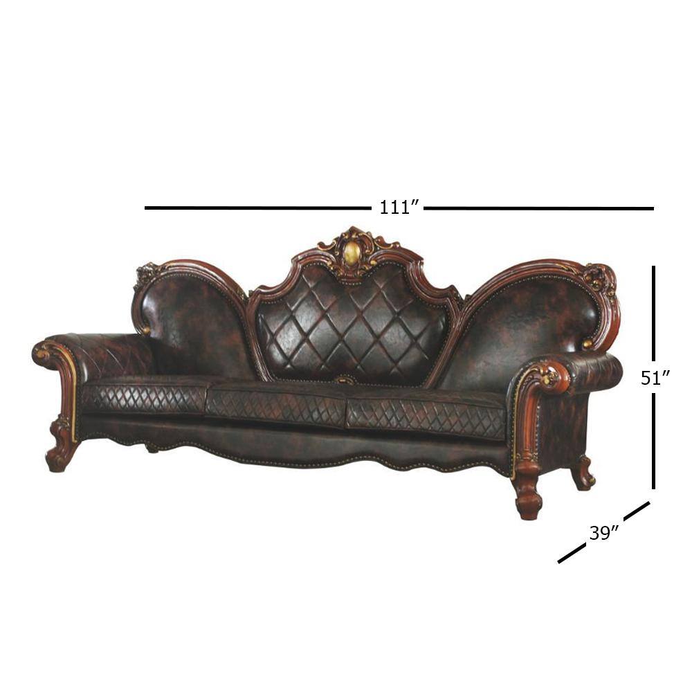 110'' Vintage Cherry Oak Faux Leather Tufted Sofa