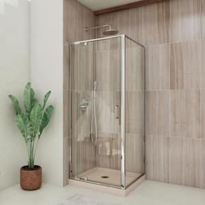 Flex 32 in. x 32 in. x 74.75 in. Framed Corner Pivot Shower Enclosure in Chrome and Biscuit Corner Shower Base