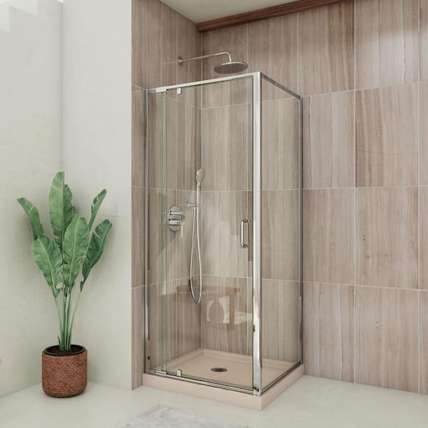 DreamLine Flex 36 in. D x 36 in. W x 74.75 in. H Framed Corner Pivot Shower Enclosure in Chrome and Biscuit Shower Base