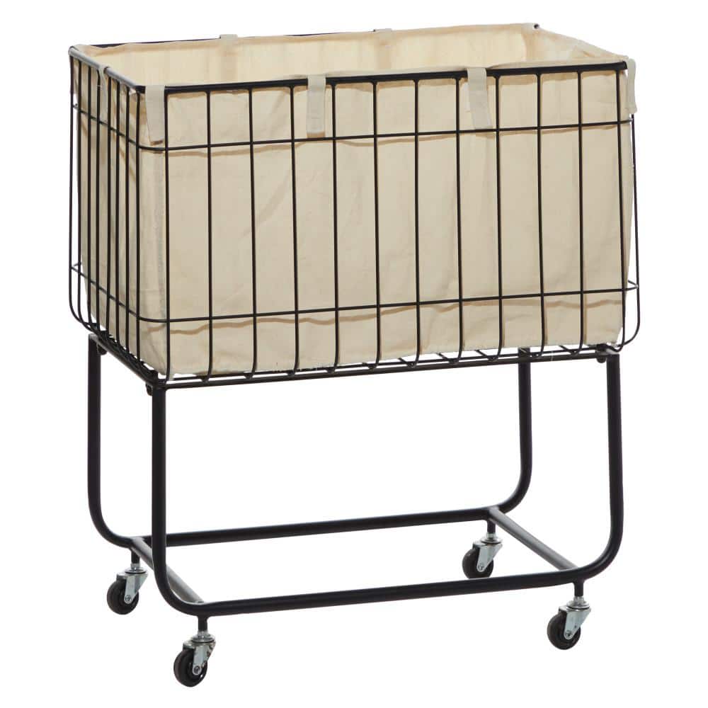 Black Metal Wire Basket Storage Cart with Wheels and Fabric Lining