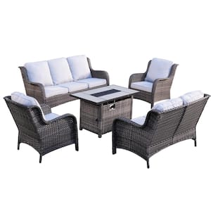 Daydreamer Gray 5-Piece Wicker Patio Fire Pit Set with Rectangular Gray Cushions