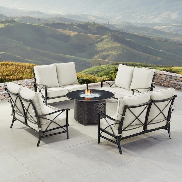 Oakland Living Black 5 Piece Aluminum Patio Fire Pit Table Set with 4 Deep Seating Loveseats Light Grey Cushions