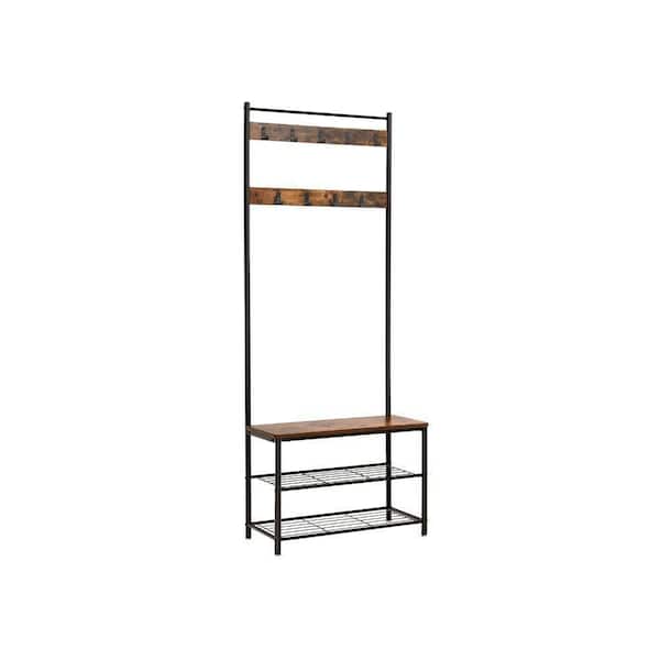 Benjara Brown and Black Metal and Wood Coat Rack with Nine Hooks and Storage Shelves