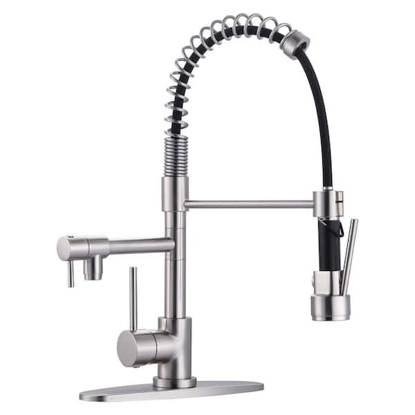 Single Handle 2-Spout Spring Pull Down Sprayer Kitchen Faucet with Lock in Brushed Nickel