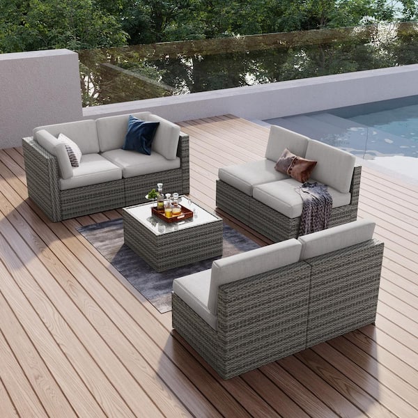 Uixe Brown 7-Piece Wicker Outdoor Patio Conversation Seating Set with Light Gray Cushions