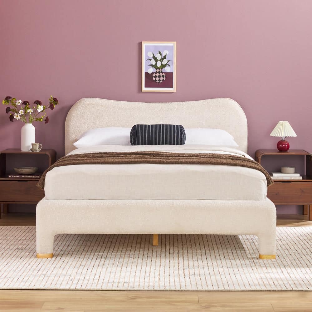 Chantelle White Ivory Boucle MDF Frame Modern Curved Upholstered Queen Platform Bed
