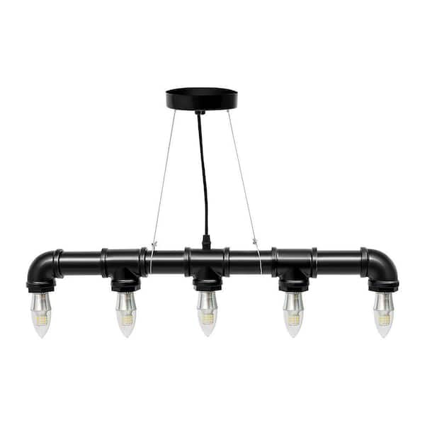 5-Light Black Retro Industrial Water Pipe Shaped Pendant Light with Adjustable Height, No Bulbs Included