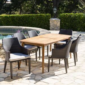 Brenner Teak Brown and Multi-Brown 7-Piece Wood and Faux Rattan Rectangular Outdoor Dining Set with Light Brown Cushions