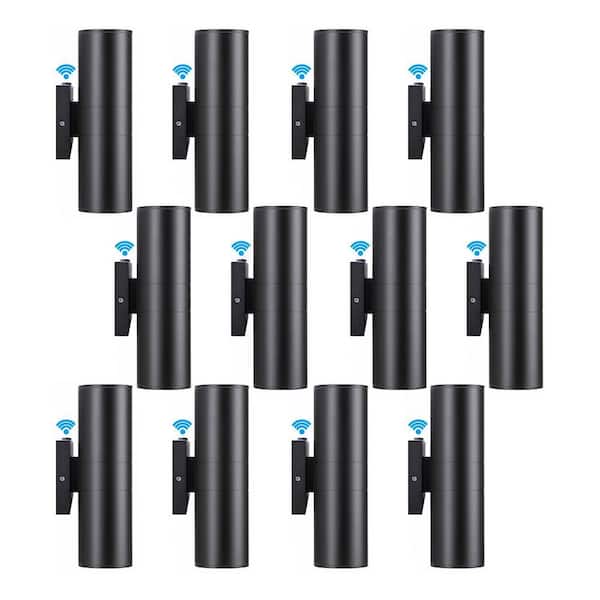 Black Dusk to Dawn Outdoor Hardwired Cylinder Wall Lantern Sconce with Integrated LED Up Down Lights (12-Pack)