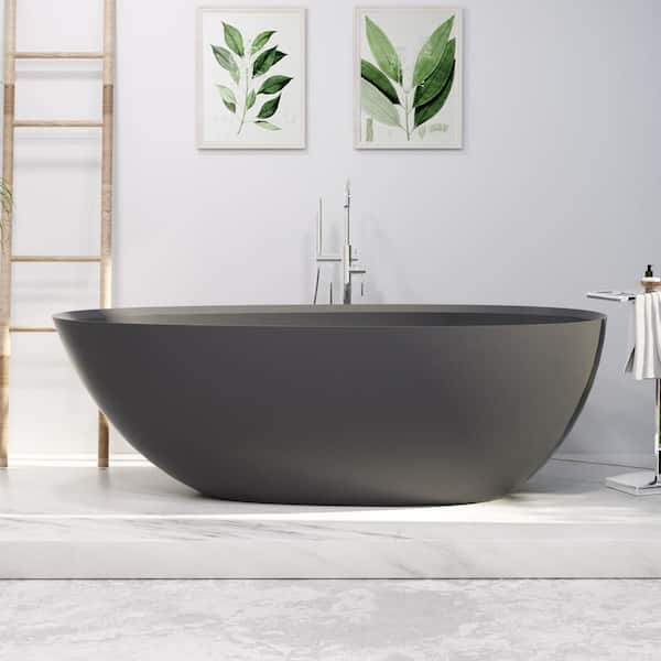 INSTER JUNO 67 in. Solid Surface Stone Resin Egg Shape Flatbottom Bathtub in Matte Cement Grey