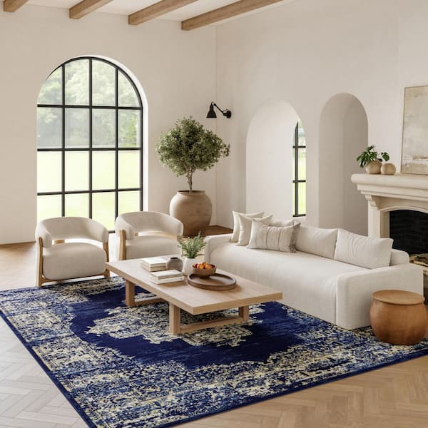 Grafix Navy Blue 8 ft. x 10 ft. Persian Medallion Transitional Area Rug