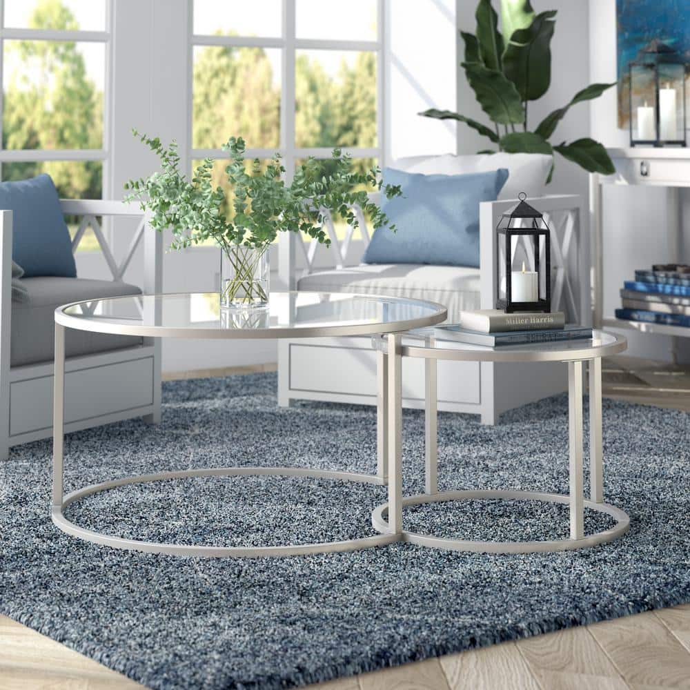 Satin Nickel Round Nested Glass Coffee Table Set, 35"