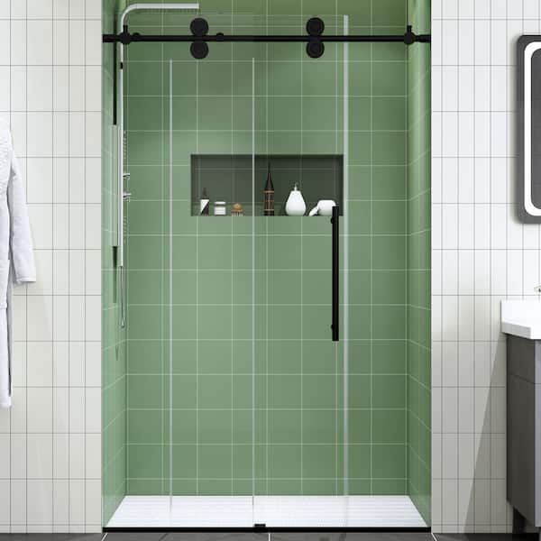 FELYL 48 in. W x 76 in. H Sliding Frameless Shower Door in Black Finish with Clear Glass