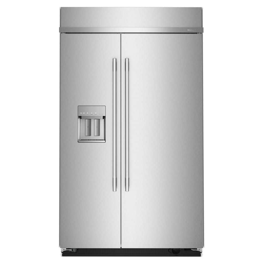 KitchenAid 29.4 Cu. Ft. 48" Built-In Side-By-Side Refrigerator Features Exterior Water & Ice Dispenser w/ Measured Fill in Stainless Steel KBSD748SPS on Fridge.com