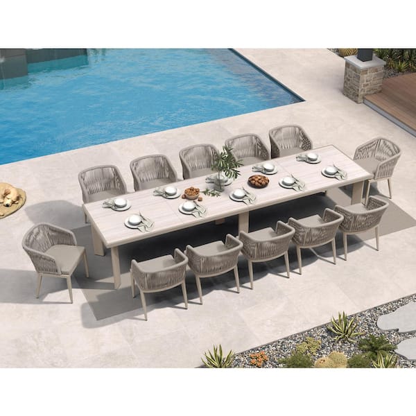13-Piece Aluminum Wicker Dining Table and Armchairs Patio Outdoor Dining Set Champagne Furniture Set with Cushions