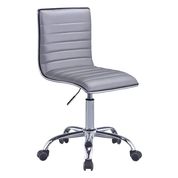 Benjara Silver Armless Leatherette Swivel Office Chair with Adjustable Height and Metal Base