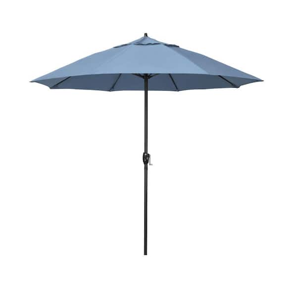 California Umbrella 7.5 ft. Black Aluminum Market Patio Umbrella Fiberglass Ribs and Auto Tilt in Air Blue Sunbrella