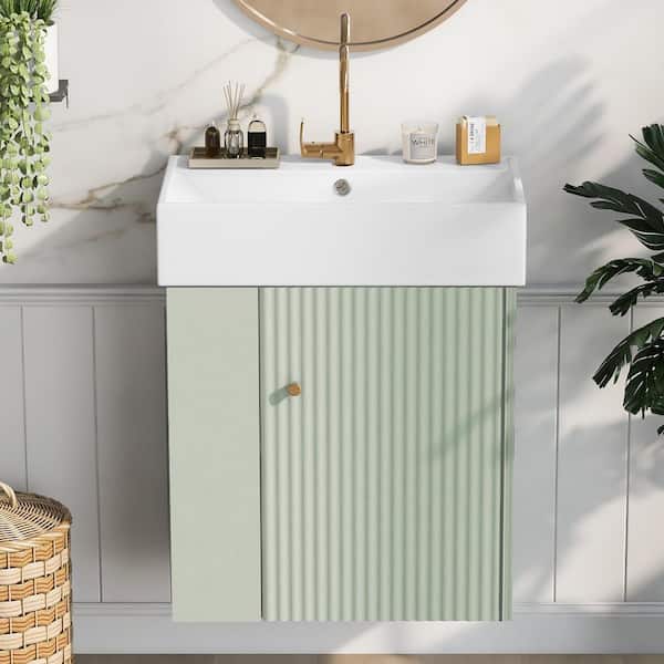21.6 in. W x 12.2 in. D x 26.4 in. H Single Sink Floating Green Bath Vanity with White Ceramic Top and Left Side Storage