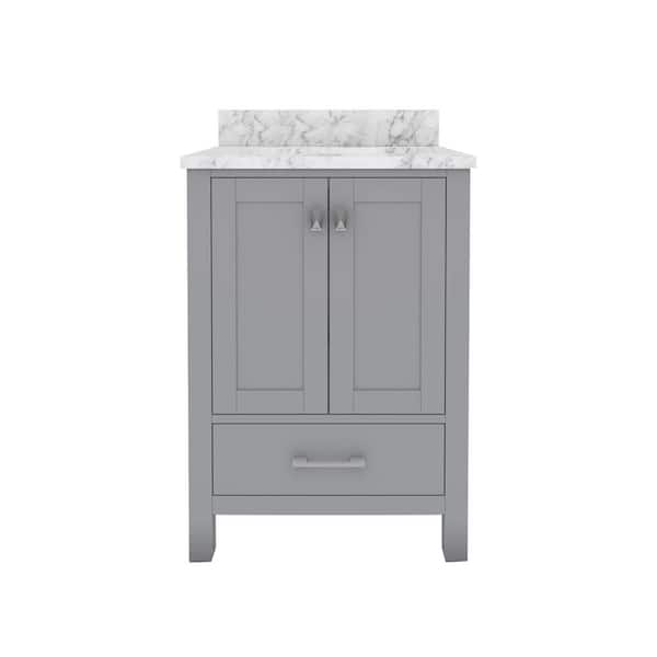 Sinber STYLE1 24 in. W x 22 in. D x 35 in. H Ceramic Sink Freestanding Bath Vanity in Gray with Carrara White Marble Top