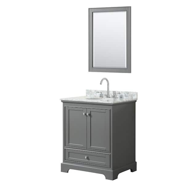Wyndham Collection Deborah 30 in. Single Vanity in Dark Gray with Marble Vanity Top in White Carrara with White Basin and 24 in. Mirror