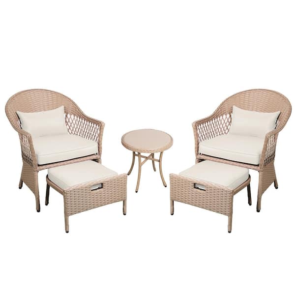 UPHA 5-Piece Patio Wicker Furniture Conversation Set Outdoor with Ottomans and Coffee Table for Garden Yard, Beige