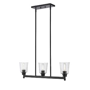 Bohin 3-Light Matte Black Shaded Island Pendant Light with Clear Seedy Glass Shade with No Bulbs Included