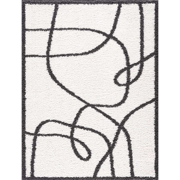 HAUTELOOM Brad 8 ft. X 10 ft. White, Black Shaggy Minimalist Contemporary Scandinavian Bohemian Geometric Modern Style Area Rug